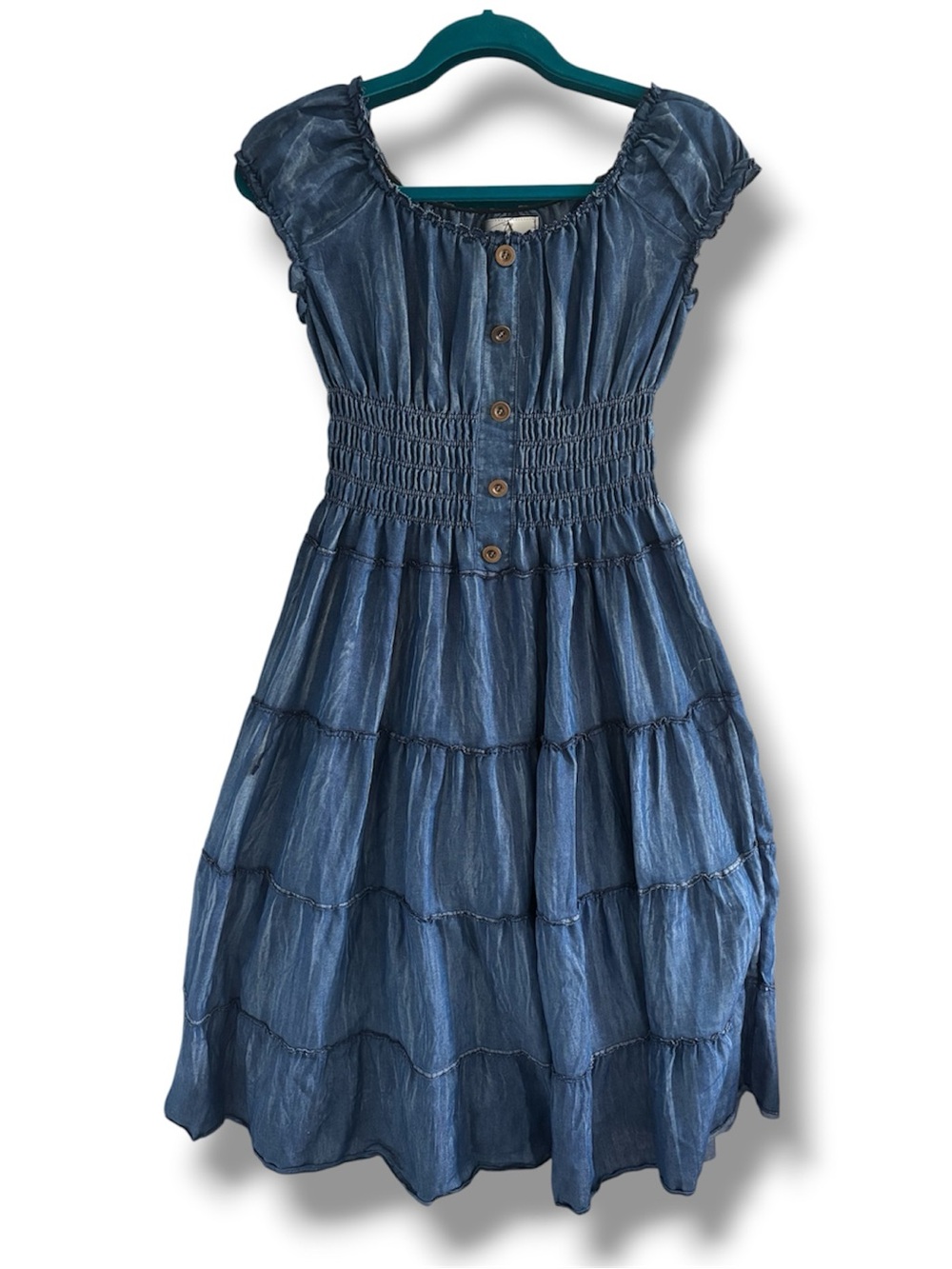 Dark Blue Tiered Button-Front Smocked Waist Dress